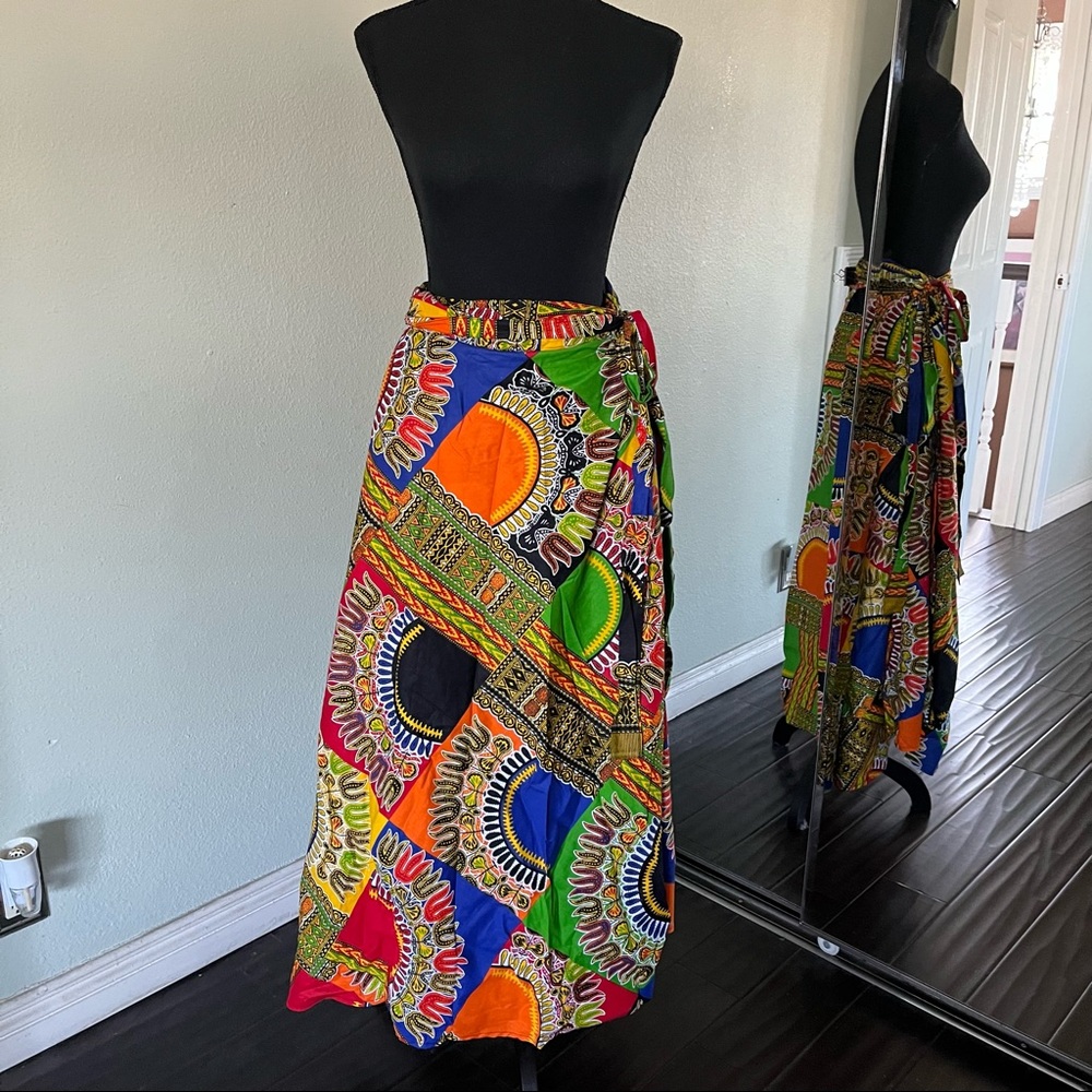 Kente Ankara Fabric Fabric Bright Bold Wrap Maxi Skirt w/Self Tie Size Medium